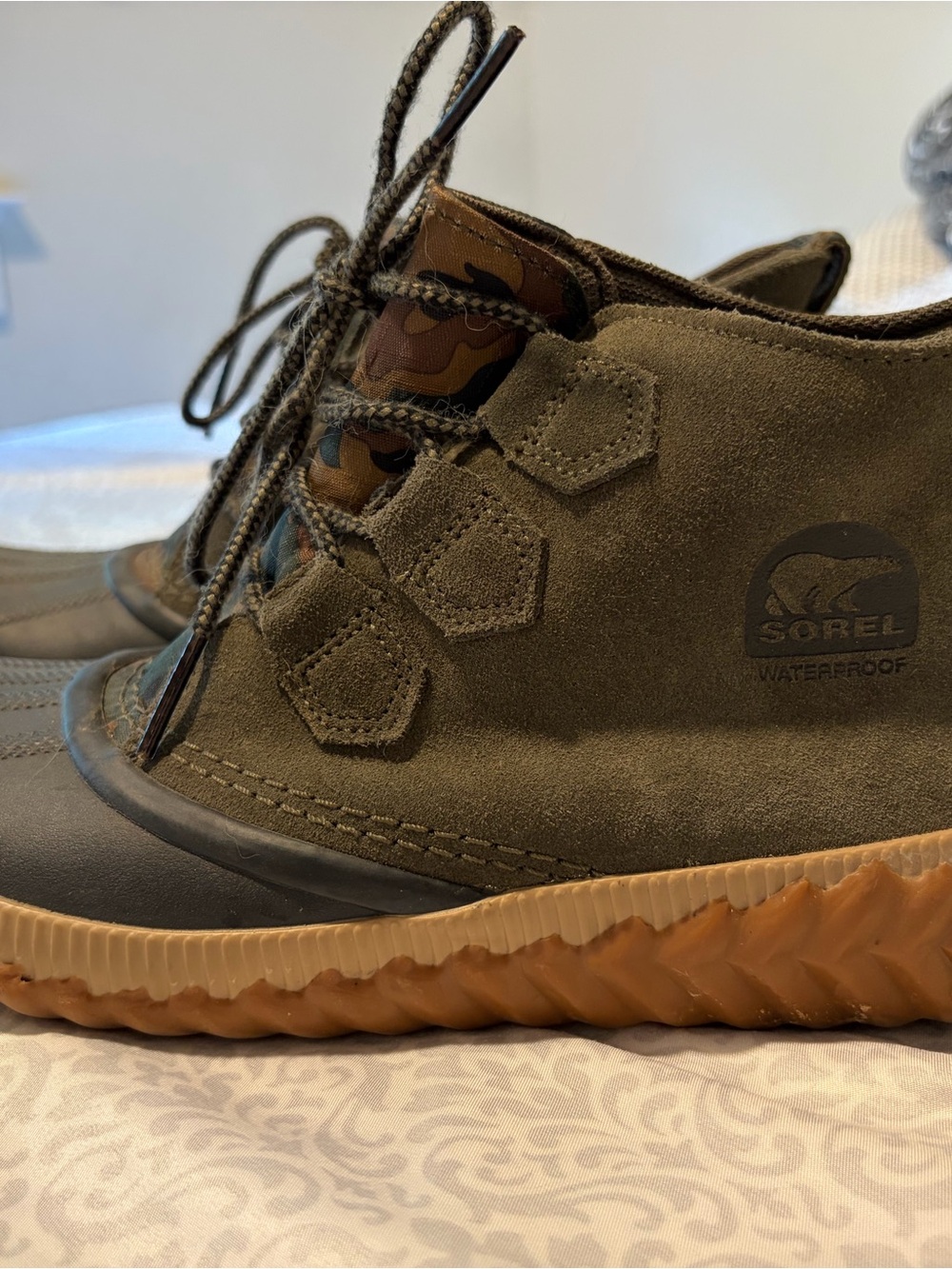 Sorel Olive Green Camo Suede Lace-Up Boots with Gum Sole